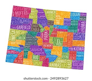 Colorado shape. State word cloud with county division. Colorado colored illustration. County names cloud. Vector illustration.