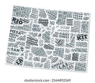 Colorado shape text cloud. State border with shadow on white background. Colorado with counties division in vintage gazette style. Artistic vector illustration.