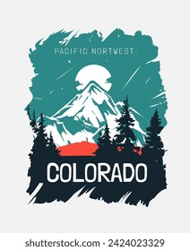 colorado slogan with alpine mountain silhouette sunset vector illustration