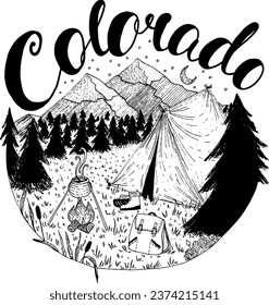 colorado springs camping vector ink pen drawing typography lettering, mountain illustration, campfire, pine trees, tent, backpack, travel boulder aspen denver colorado outdoors calligraphy sketch