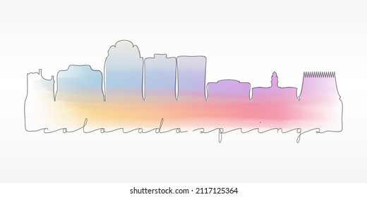 Colorado Springs, CO, USA Skyline Watercolor City Illustration. Famous Buildings Silhouette Hand Drawn Doodle Art. Vector Landmark Sketch Drawing.