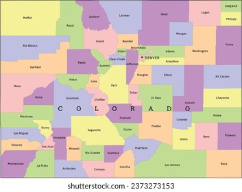 Colorado state administrative map with counties. Clored. Vectored. Bright colors