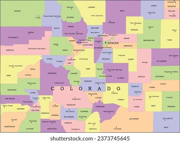 Colorado state administrative map with counties and seats. Clored. Vectored. Bright colors