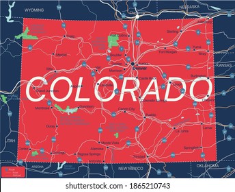 Colorado state detailed editable map with with cities and towns, geographic sites, roads, railways, interstates and U.S. highways. Vector EPS-10 file, trending color scheme