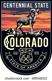 Colorado state emblem, sunset on a dark background