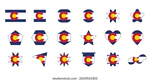 Vetor da Bandeira do Estado do Colorado em Várias Formas - quadrado, círculo, estrelas, coração, polígono, pin, tag. Bandeira do Colorado em várias formas de estilos. Melhor para mapas, designs de viagens, educação, infográficos, uso da web.