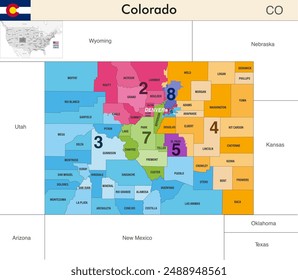 Mapa del estado de Colorado con las fronteras de los condados y los límites coloreados de los distritos del Congreso debido al censo de Estados Unidos de 2020 y que es válido desde 2023. Bandera de Colorado. Vector