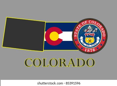 Colorado state map, flag, seal and name.