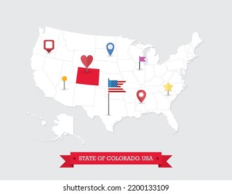 Colorado State map highlighted on USA map. Colorado map on United state of America with flag and navigation icons.