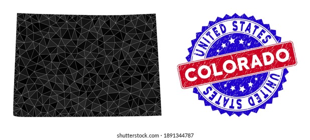 Colorado State map polygonal mesh with filled triangles, and distress bicolor rubber seal. Triangle mosaic Colorado State map with mesh vector model, triangles have variable sizes, and positions,