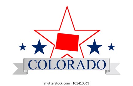 Colorado state map, star and name.