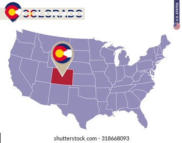 Colorado State on USA Map. Colorado flag and map. US States.