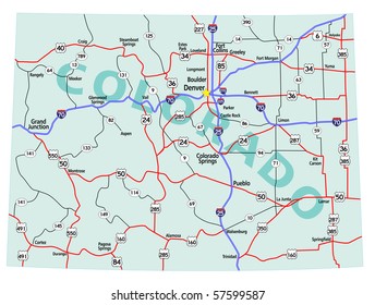Colorado state road map with Interstates, U.S. Highways and state roads. Vector illustration.