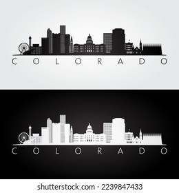 Colorado state skyline and landmarks silhouette, black and white design. Vector illustration.