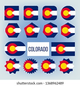 Colorado State Various Shapes Vector Flags Set. Colorado Official Emblems Icons Collection. Circle, Square, Rectangle Ensign Pack. United States Of America Country Symbols Flat Illustration