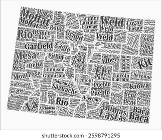 Colorado Text Style Counties. State region names word clouds in English language. Artistic vector illustration.