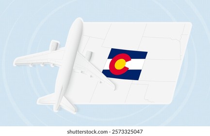 Colorado Travel Illustration with Plane and National Flag. Ideal for travel agencies, promotional materials, or geographic content related to Colorado.