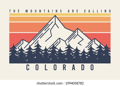 Colorado t-shirt design with mountains and fir trees or forest. Typography graphics for tee shirt with mountain in line style, color stripes, trees and slogan. Apparel print. Vector illustration.