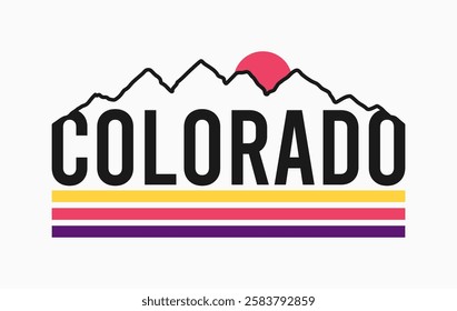 Colorado t-shirt design with silhouette of mountains and sun. Mountains typography graphics for tee shirt with color stripes. Adventure print for apparel. Vector illustration.