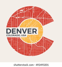 Colorado t-shirt graphic design with denver city map. Tee shirt print, typography, label, badge, emblem. Vector illustration.