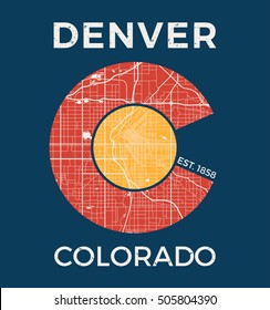 Colorado t-shirt graphic design with denver city map. Tee shirt print, typography, label, badge, emblem. Vector illustration.