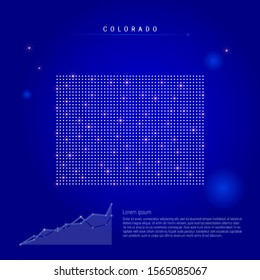 Colorado US state illuminated map with glowing dots. Infographics elements. Dark blue space background. Vector illustration. Growing chart, lorem ipsum text.