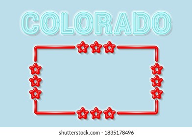 Colorado US state soft blue neon letters lights off. Glossy bold red frame with stars. Soft shadows. Light blue background. Vector illustration.