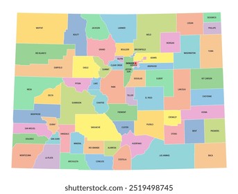 Colorado, estado de EE.UU., subdividido en 64 condados, mapa político multicolor con capital Denver, fronteras y nombres de condados. Estado en la región de Mountain West, en el oeste de Estados Unidos. El Estado del Centenario.