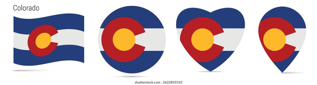 Colorado US state waving flag, round circle sticker badge, heart shaped icon, map pin. Flag buttons of different shapes. Vector illustration isolated on white.