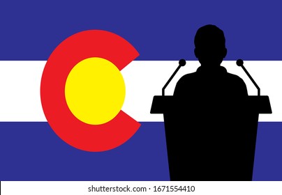 Colorado USA Flag Background Man Speaks. Business Man Presentation Conference Concept.