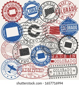 Colorado, USA Set of Stamps. Travel Passport Stamps. Made In Product. Design Seals in Old Style Insignia. Icon Clip Art Vector Collection.