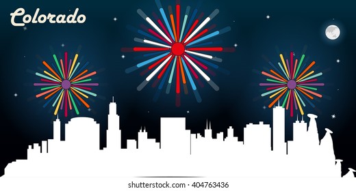 Colorado USA skyline silhouette vector design, dark night sky with fireworks