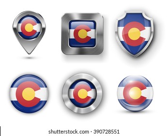 Colorado  USA State Metal and Glass Flag Badges, Buttons, Map marker pin and Shields. Vector illustrations