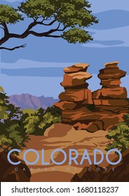 Colorado Vector Illustration Background. Travel to Garden of Gods, Colorado United States. Flat Cartoon Vector Illustration in Colored Style.