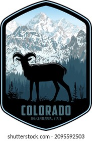 colorado vector label with bighorn sheep and mountains forest	
