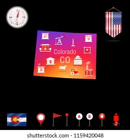 Colorado Vector Map, Night View. Compass Icon, Map Navigation Elements. Pennant Flag of the United States. Vector Flag of Colorado. Various Industries, Economic Geography Icons.