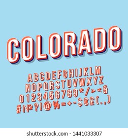 Colorado vintage 3d vector lettering. Retro bold font, typeface. Pop art stylized text. Old school style letters, numbers, symbols, elements pack. 90s, 80s poster, banner. Sky color background