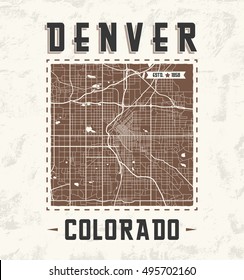 Colorado vintage t-shirt graphic design with denver city map. Tee shirt print, typography, label, badge, emblem. Vector illustration.