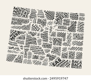 Nube de palabras de Colorado. Estado con división de condados. Colorado nubes de texto tipográfico Vector diseño de Imagen. Imagen de forma de estado estilo gazette de Antiguas. Ilustración vectorial moderna.