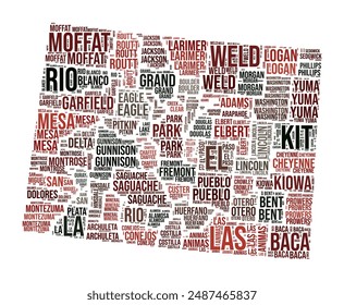 Nube de palabras de Colorado. Forma de estado con división de condado. Imagen de estilo tipográfico de Colorado. Los nombres de los condados etiquetan nubes. Ilustración vectorial.
