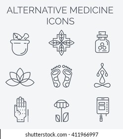 Colorblock Alternative Medicine icons. IV Vitamin Therapy, Anti-Aging, Wellness, Ayurveda, Chinese Medicine. Holistic centre.