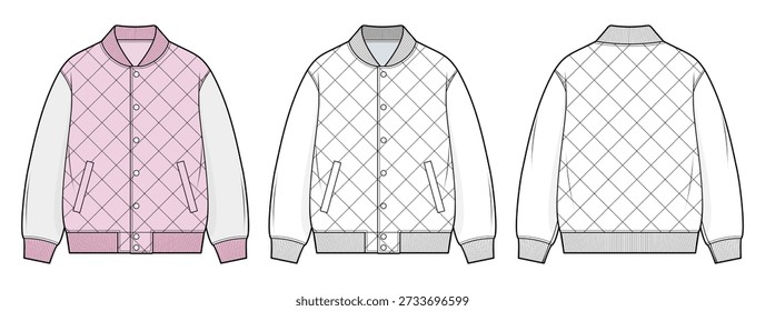 Color-Block Diamond Quilted Varsity Jacket Technical Fashion Illustration. Street Heritage Bomber Outerwear. Front and Back View. CAD Vector Set.