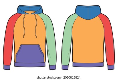 Colorblock Men's hoodie in front, back views. Kangaroo pocket on front