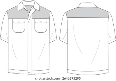 Color-Blocked Short Sleeve Shirt Front and Back Illustration with Pocket Detail