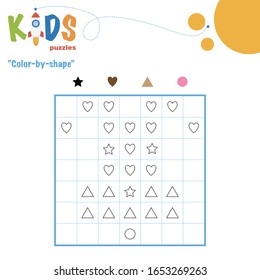 Color-by-shape. Mathematical pixel puzzle. Easy colorful worksheet with shapes, for children in preschool, elementary and middle school.