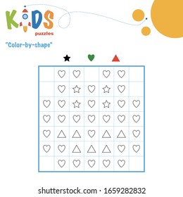 Color-by-shape. Mathematical pixel puzzle. Easy worksheet with shapes, for children in preschool, elementary and middle school.