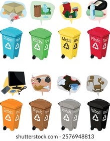 Color-Coded Recycling Bins with Labels in English