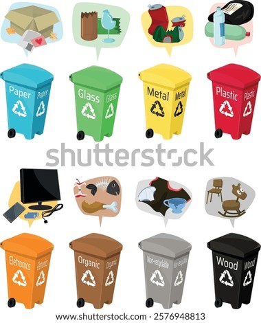 Color-Coded Recycling Bins with Labels in English