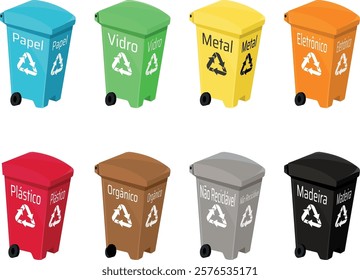 Color-Coded Recycling Bins with Labels in Portuguese