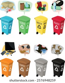 Color-Coded Recycling Bins with Labels in portuguese